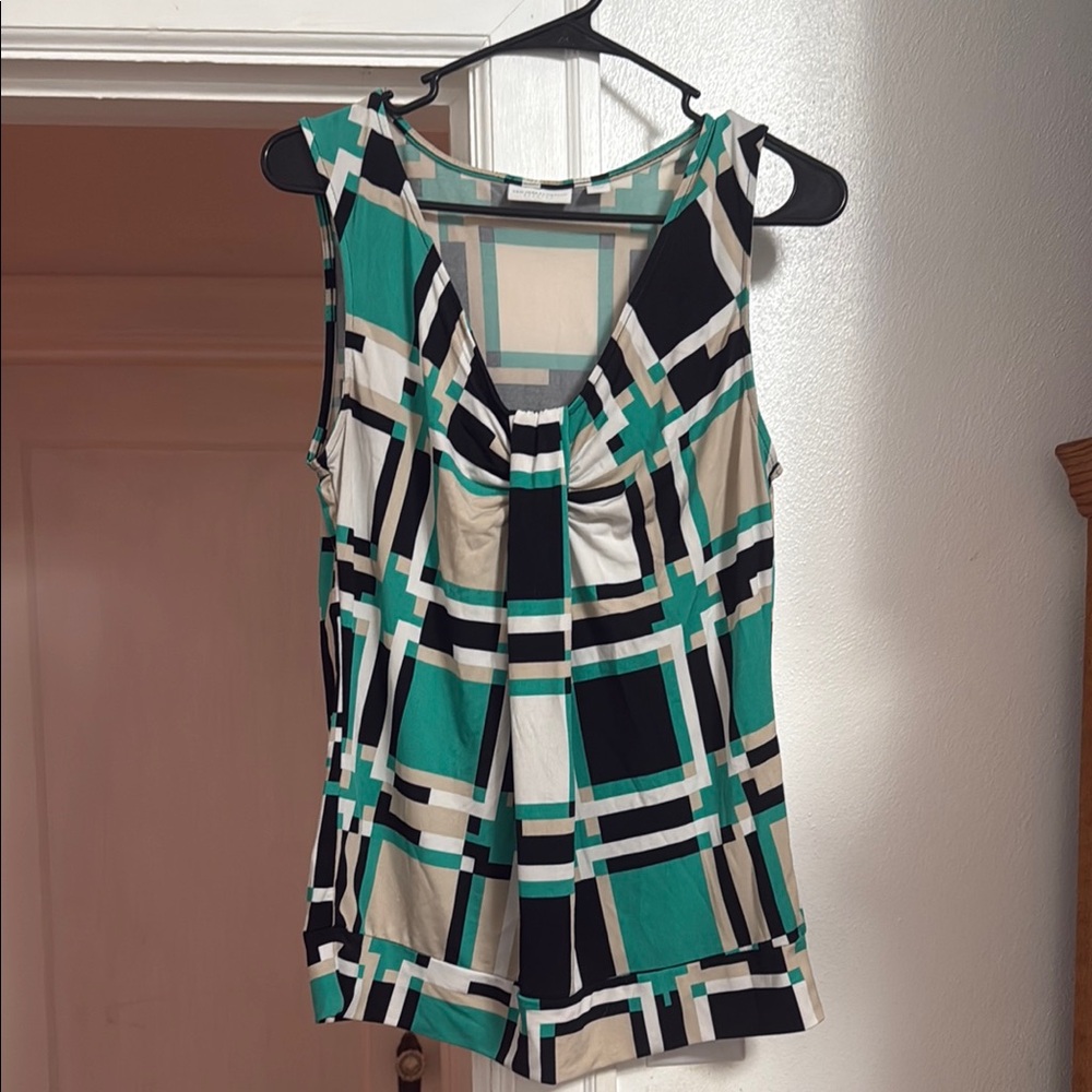 New York & Company Geometric Pattern Green, Black and Crème Graphic Tank Top